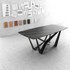 Esstisch Edge Bootsform 200x100cm Laminam® Keramik Noir Desir Braun Mittelfuß Flachstahl Schwarz, Esstische