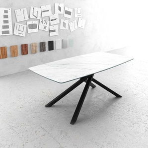 Esstisch Edge Bootsform 200x100cm Laminam® Keramik Weiß Mittelfuß Kreuz Schwarz, Esstische