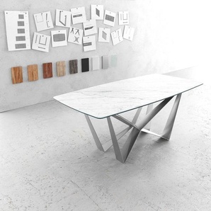 Esstisch Edge Bootsform 200x100cm Laminam® Keramik Weiß Spider Flachstahl Edelstahl, Esstische