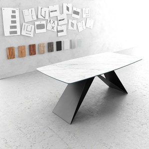 Esstisch Edge Bootsform 200x100cm Laminam® Keramik Weiß V-Mittelfuß Schwarz, Esstische