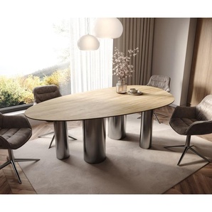 Esstisch Edge Oval 220x120 Keramik Laminam® Sabbia Eichefarbig Pilier Edelstahl Graphit, Esstische