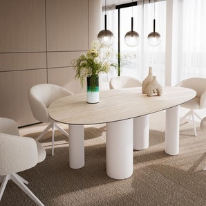Esstisch Edge Oval 220x120 Keramik Laminam®Travertino Bianco Creme-Weiß Pilier Metall Weiß, Esstische