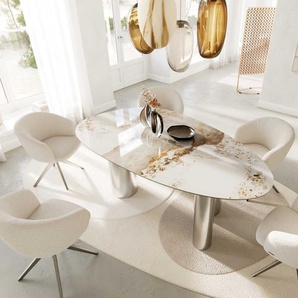Esstisch Edge Oval 220x120 Keramik Minas Melange Weiß-Beige Pilier Edelstahl, Esstische