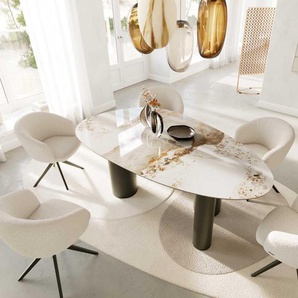 Esstisch Edge Oval 220x120 Keramik Minas Melange Weiß-Beige Pilier Metall Effektfinish Titan, Esstische
