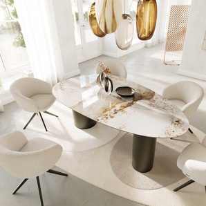 Esstisch Edge Oval 220x120 Keramik Minas Melange Weiß-Beige Troa Metall Effektfinish Titan, Esstische