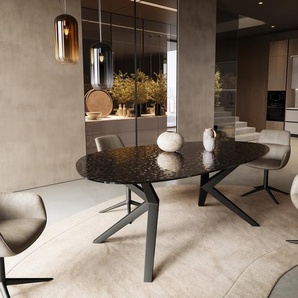 Esstisch Edge Oval 220x120 Reliefglas Rauchschwarz 3D-Design Zenthara kantig Metall Schwarz, Esstische