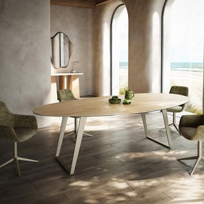 Esstisch Edge Oval 280x130 cm Keramik Laminam® Sabbia Eichefarbig Metall Schräg Effektfinish Titan, Esstische