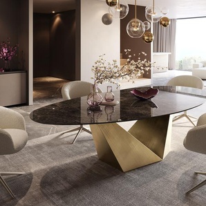 Esstisch Edge Oval 280x130 Keramik Laminam® Emperador Extra Lucidato Dunkelbraun Prisma Metallic Gold, Esstische