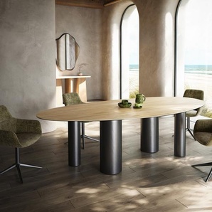 Esstisch Edge Oval 280x130 Keramik Laminam® Sabbia Eichefarbig Pilier Edelstahl Graphit, Esstische