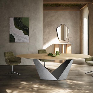 Esstisch Edge Oval 280x130 Keramik Laminam® Sabbia Eichefarbig Prisma Metallic Silber, Esstische