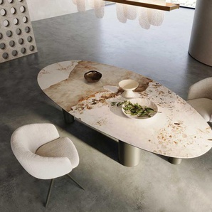 Esstisch Edge Oval 280x130 Keramik Minas Melange Weiß-Beige Pilier Metall Effektfinish Titan, Esstische