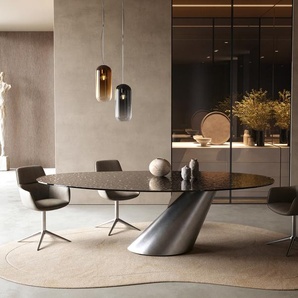 Esstisch Edge Oval 280x130 Reliefglas Rauchschwarz 3D-Design Cono Metallic Silber, Esstische