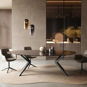 Esstisch Edge Oval 280x130 Reliefglas Rauchschwarz 3D-Design Zenthara kantig Metall Schwarz, Esstische