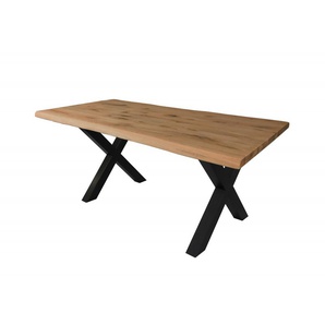 Esstisch Elis X Gestell Eiche wildeiche massiv mit Baumkante geölt 160x90 cm Edelstahl gebürstet ELISSXNA160es