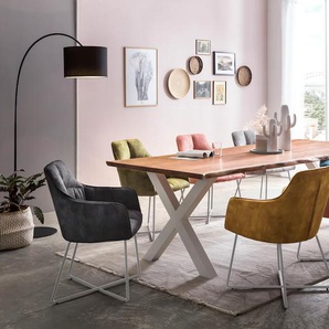Esstisch HOME AFFAIRE Manhattan Tische Gr. B/H/T: 220 cm x 77 cm x 100 cm, beige (natur, weiß, natur) Esstisch Holz-Esstische Rechteckige Esstische Tisch mit Massivholzplatte Akazie lackiert, Baumkantentisch im Landhaus Stil