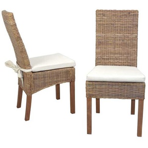 Esstisch Stühle in Graubraun Rattan und Pinie Massivholz (2er Set)