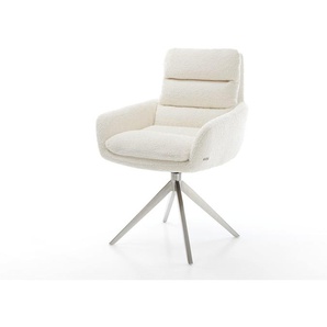 Esszimmerstuhl Abelia-Flex mit Armlehnen Bouclé Weiß Kreuzgestell breit Edelstahl, Esszimmerstühle