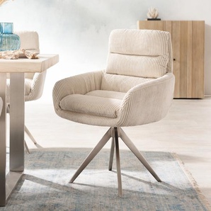 Esszimmerstuhl Abelia-Flex mit Armlehnen Cord Beige Kreuzgestell kantig Edelstahl, Esszimmerstühle