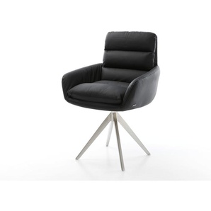 Esszimmerstuhl Abelia-Flex mit Armlehnen Echt-Leder Schwarz Kreuzgestell kantig Edelstahl, Esszimmerstühle