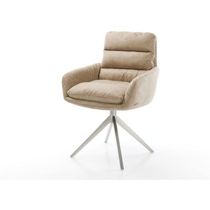 Esszimmerstuhl Abelia-Flex mit Armlehnen Mikrofaser Beige Vintage Kreuzgestell breit Edelstahl, Esszimmerstühle