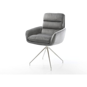 Esszimmerstuhl Abelia-Flex mit Armlehnen Samt Grau Kreuzgestell konisch Edelstahl, Esszimmerstühle