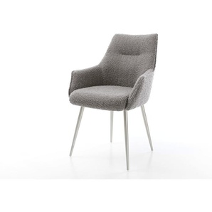 Esszimmerstuhl Alja-Flex mit Armlehnen Bouclé Silbergrau 4-Fuß konisch Edelstahl Taschenfederkern, Esszimmerstühle
