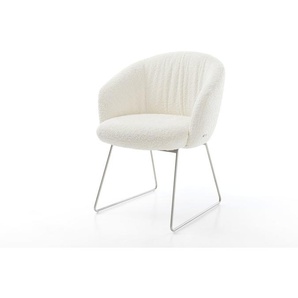 Esszimmerstuhl Caja-Flex mit Armlehnen Bouclé Weiß Kufengestell Edelstahl Taschenfederkern, Esszimmerstühle