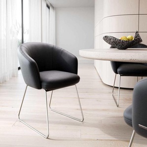 Esszimmerstuhl Caja-Flex mit Armlehnen Echt-Leder Schwarz Kufengestell Edelstahl Taschenfederkern, Esszimmerstühle