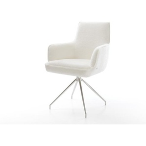 Esszimmerstuhl Heira-Flex mit Armlehnen Bouclé Soft Beige Kreuzgestell konisch Edelstahl Taschenfederkern, Esszimmerstühle