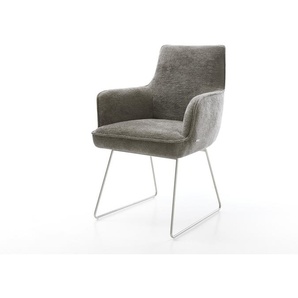 Esszimmerstuhl Heira-Flex mit Armlehnen Bouclé Soft Schlamm Kufengestell Edelstahl Taschenfederkern, Esszimmerstühle