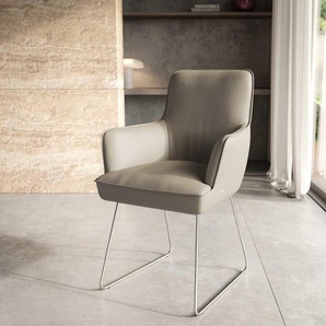 Esszimmerstuhl Heira-Flex mit Armlehnen Echt-Leder Schlamm Kufengestell Edelstahl Taschenfederkern, Esszimmerstühle