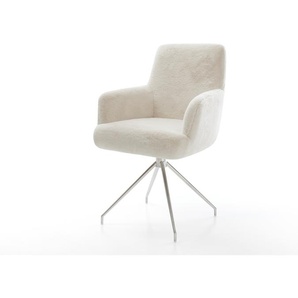 Esszimmerstuhl Heira-Flex mit Armlehnen Plüsch Creme-Weiß Kreuzgestell konisch Edelstahl Taschenfederkern, Esszimmerstühle