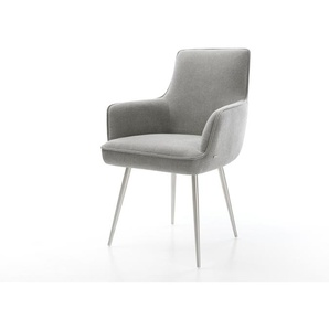 Esszimmerstuhl Heira-Flex mit Armlehnen Strukturstoff Soft Grau 4-Fuß konisch Edelstahl Taschenfederkern, Esszimmerstühle