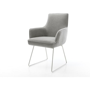 Esszimmerstuhl Heira-Flex mit Armlehnen Strukturstoff Soft Grau Kufengestell Edelstahl Taschenfederkern, Esszimmerstühle