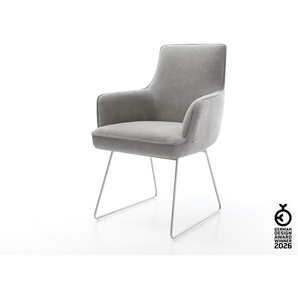 Esszimmerstuhl Heira-Flex mit Armlehnen Strukturstoff Soft Grau Kufengestell Edelstahl Taschenfederkern, Esszimmerstühle