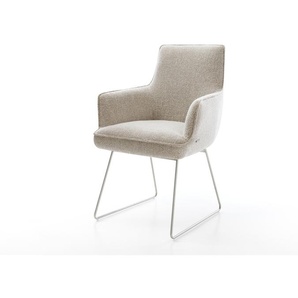 Esszimmerstuhl Heira-Flex mit Armlehnen Webstoff Soft Beige Kufengestell Edelstahl Taschenfederkern, Esszimmerstühle