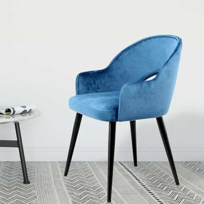 Esszimmerstuhl in Blau Samt Metallgestell in Schwarz (2er Set)