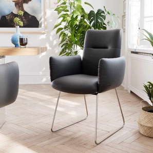 Esszimmerstuhl Jova-Flex mit Armlehnen Echt-Leder Schwarz Kufengestell Edelstahl Taschenfederkern, Esszimmerstühle