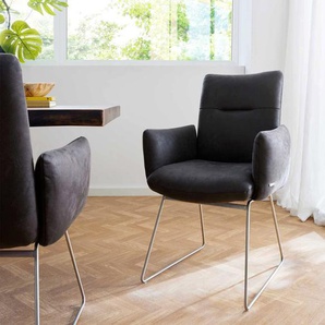 Esszimmerstuhl Jova-Flex mit Armlehnen Mikrofaser Anthrazit Vintage Kufengestell Edelstahl Taschenfederkern, Esszimmerstühle