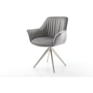 Esszimmerstuhl Keila-Flex mit Armlehnen Samt Grau Kreuzgestell kantig Edelstahl, Esszimmerstühle