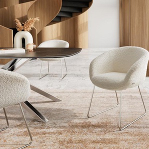 Esszimmerstuhl Vinka-Flex mit Armlehnen Bouclé Weiß Kufengestell Edelstahl Taschenfederkern, Esszimmerstühle