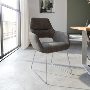 Esszimmerstuhl Yago-Flex mit Armlehnen Mikrofaser Anthrazit Vintage Kufengestell Edelstahl Taschenfederkern, Esszimmerstühle