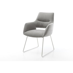 Esszimmerstuhl Yago-Flex mit Armlehnen Strukturstoff Soft Grau Kufengestell Edelstahl Taschenfederkern, Esszimmerstühle