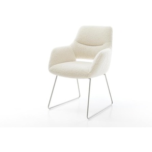 Esszimmerstuhl Yago-Flex mit Armlehnen Teddystoff Beige Kufengestell Edelstahl Taschenfederkern, Esszimmerstühle