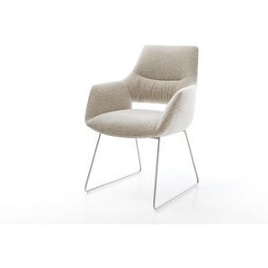 Esszimmerstuhl Yago-Flex mit Armlehnen Webstoff Soft Beige Kufengestell Edelstahl Taschenfederkern, Esszimmerstühle