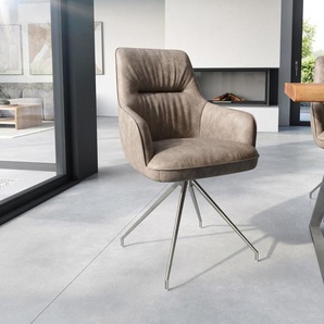 Esszimmerstuhl Zelia-Flex mit Armlehnen Mikrofaser Taupe Vintage Kreuzgestell konisch Edelstahl Taschenfederkern, Esszimmerstühle