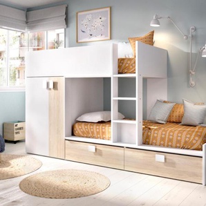 Etagenbett mit Kleiderschrank - 2x 90 x 190 cm - Weiß & Naturfarben - JUANITO