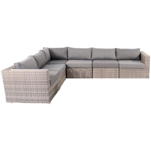 Exklusive Loungebank aus Polyrattan-Flachgeflecht in grau, Alu-Gestell, inkl. Sitz- und Rückenkissen in grau, Maße B/H/T ca. 310/66/240 cm