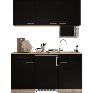 F (A bis G) Küche RESPEKTA Luis, Glaskeramikkochfeld, wahlweise Mikrowelle, Korpus Eiche Sägerau Komplettküchen-Sets Gr. B/H/T: 150 cm x 200 cm x 60 cm, Küchenzeile, mit Mikrowelle, schwarz (küche: front: schwarz, korpus, arbeitsplatte: eiche sägerau,