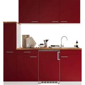 F (A bis G) Küche RESPEKTA Luis, mit Glaskeramikkochfeld, wahlweise Mikrowelle, Korpus Weiß Komplettküchen-Sets Gr. B/H/T: 180 cm x 200 cm x 60 cm, Küchenzeile, ohne Mikrowelle, rot (küche: front: rot, korpus: weiß, arbeitsplatte butcher nussbaum,
